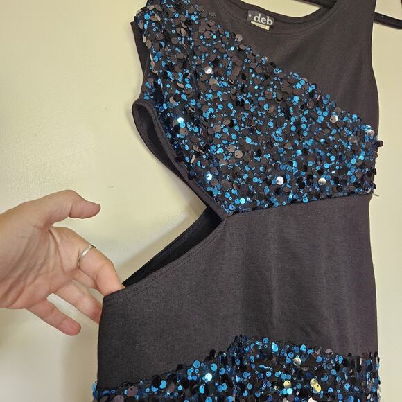 Vtg Y2K 90s Deb Mini Dress Size L Side Cutout Blue Black Sequin Party Club HOCO - Picture 2 of 10